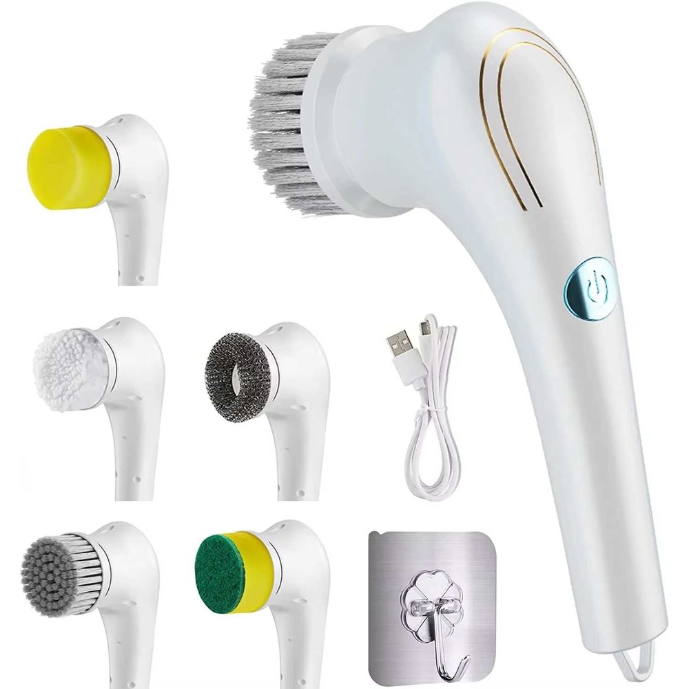 Electric Spin Scrubber‎ Handheld Cordless Power Brush 5 Replacement Heads White
